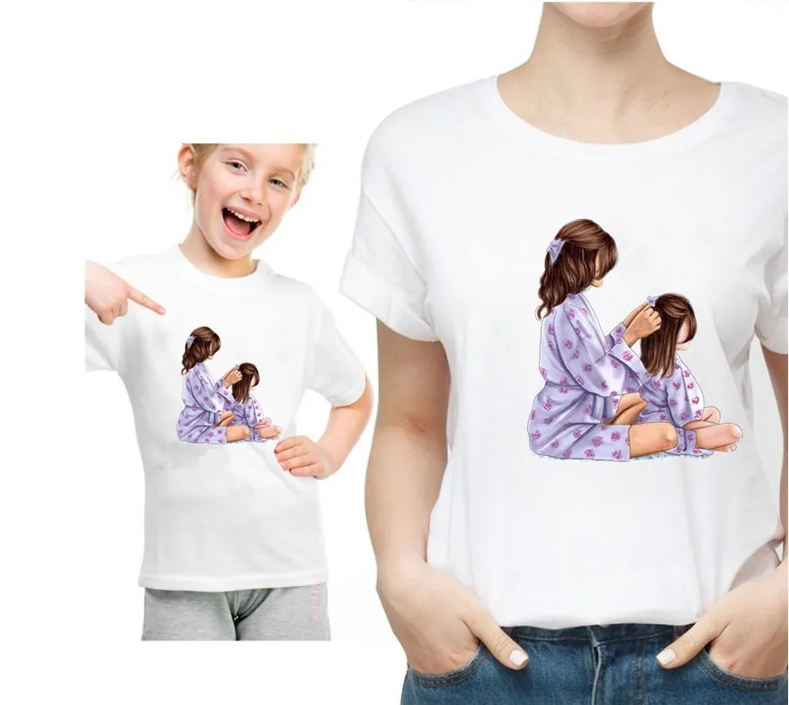 

Mom And Daughter Family Matching White Tshirt Parent-child O-neck Short Sleeve KT-1939