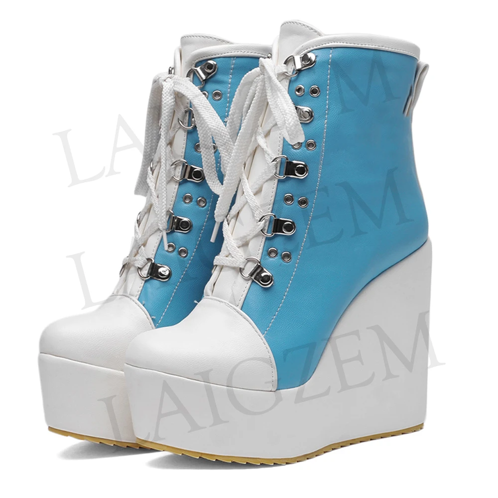 LAIGZEM TRENDY Women Ankle Boots Platform Wedge Boots Height Increasing High Heels Shoes Women Botines Mujer Small Size 33-43 (2)