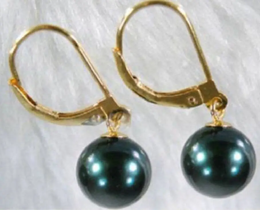

BEAUTIFUL BLACK TAHITIAN PEARL DANGLE EARRING 10-11 MM 14 YELLOW GOLD MARKED