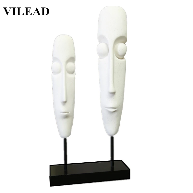 

VILEAD 17Inch White Sandstone Long Face Lovers Figurines Abstract Long Face Couples Statuettes Creative Weeding Decoration Gift