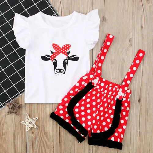 

Summer Toddler Baby Girl Clothes Princess Cow Print Short Sleeve Tops T-Shirt+Sling Shorts Outfits Set