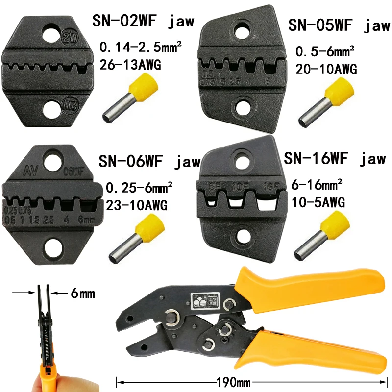 Цвета обжимные плоскогубцы челюсти(Челюсть ширина 6 мм/плоскогубцы 190 мм) для изолированных неизолированные tubular терминалы SN-02WF SN-06WF SN-16WF