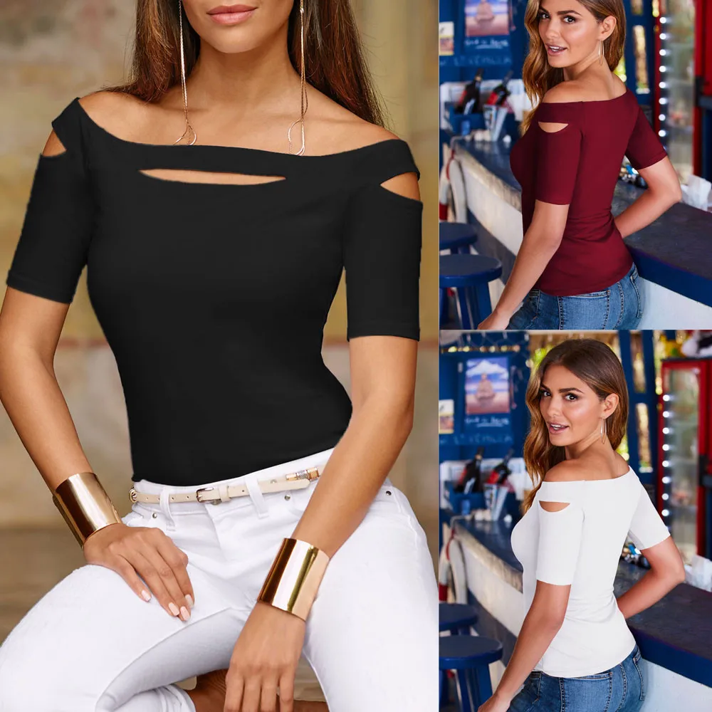 

Women Fashion Polyester Broadcloth Daily Casual Cold Shoulder Tops Slash Neck Short Sleeve T Shirt Tee
