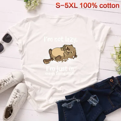 white SINGRAIN, S-5XL размера плюс, футболка с изображением медведя, забавная Футболка с принтом ленивого кота, хлопок, женские топы с буквенным принтом, милые Мультяшные животные, футболка - Цвет: white