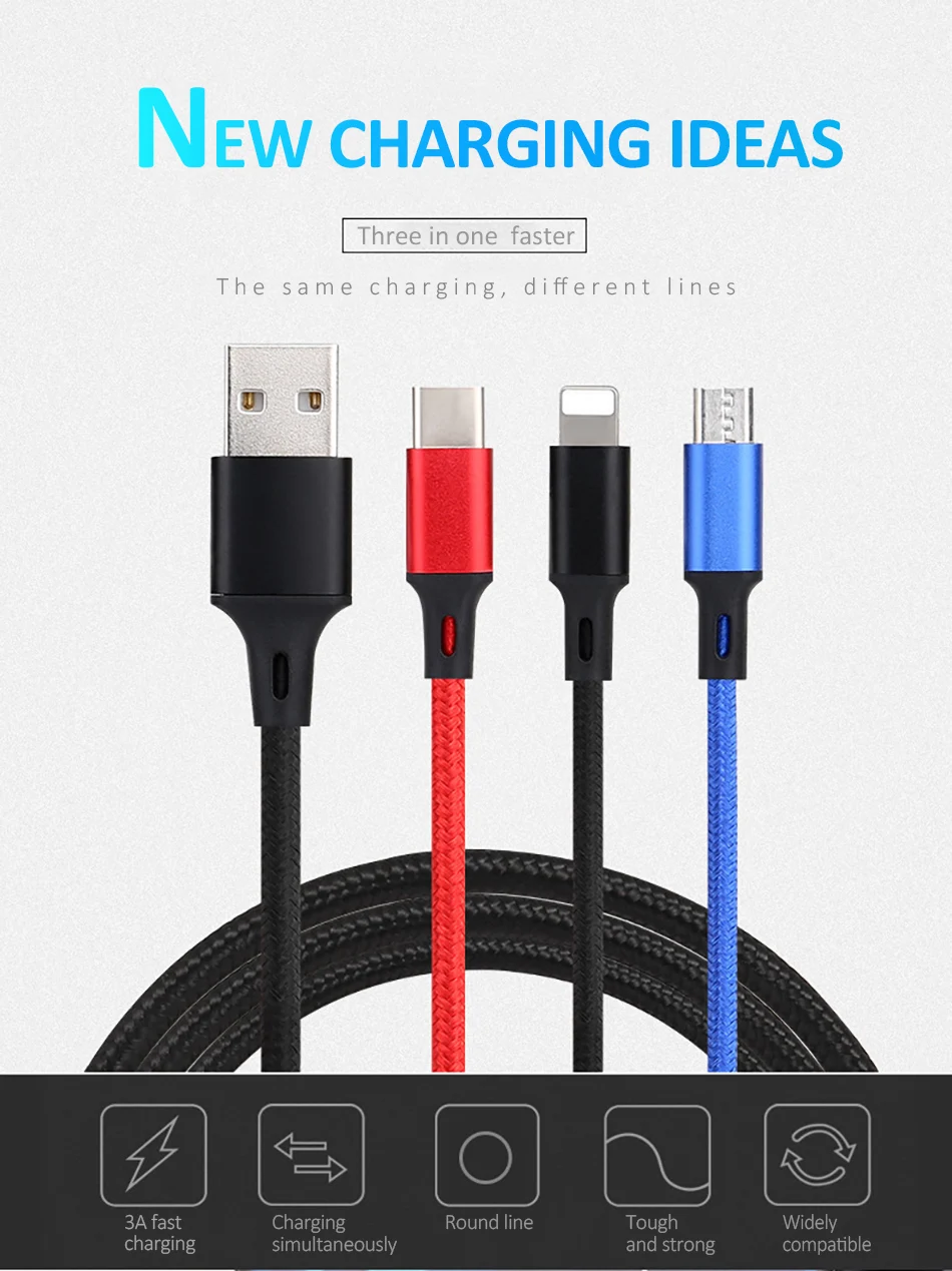 NOHON Nylon 3 In 1 Lighting Charger Cable For iPhone X 7 8 6 Plus Micro USB Type C For Samsung Xiaomi 5 Universal Fast Charging (1)
