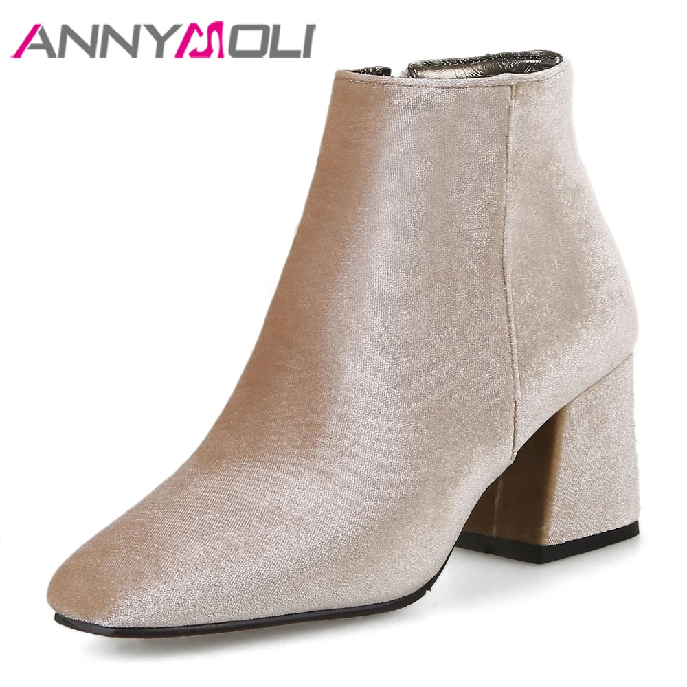 

ANNYMOLI Ankle Boots Women Velvet Boots High Heels Short Boots Zipper Brand Luxury Block Heel Shoes Female Green Plus Size 33-46