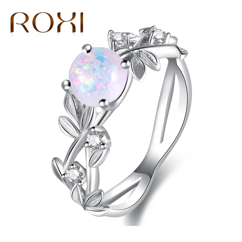 

ROXI Fashion Silver Color Crystal Flower Vine Leaf Design Rings For Women Femme Opal Ring Vintage Party Bohemian Jewelry Anillos