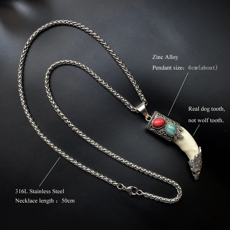 Men's Bone Pendant Necklace Stainless Steel Necklace Tibetan Amulet Fangs Real Natural Tooth Vintage Silver Wolf Tooth Charm Men's Bone Pendant Necklace Stainless Steel Necklace Tibetan Amulet Fangs Real Natural Tooth Vintage Silver Wolf Tooth Charm