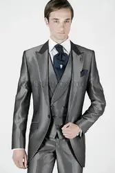 Новый смокинг жениха блестящие серый Groomsmen Пик нагрудные Свадебные/вечерние костюмы Best Man Жених (куртка + брюки + галстук + жилет) b338