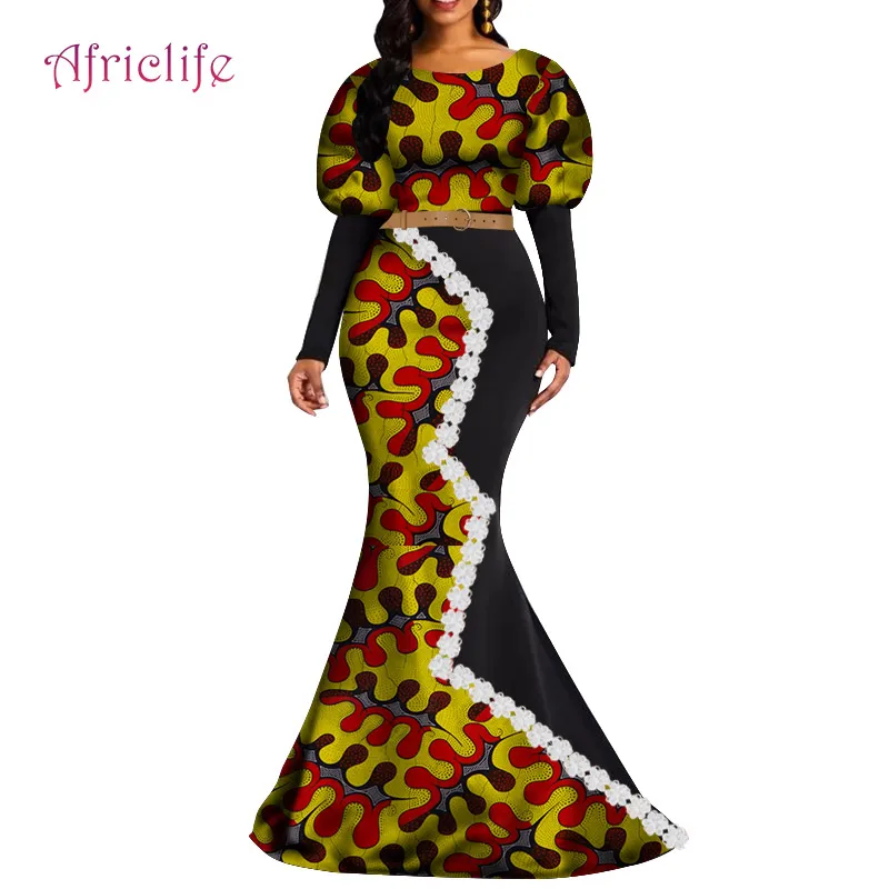 Good Quality New Feeling Africa Clothing Sexy Lady Clothes Lantern Long Sleeve Plus Size Cotton Slim Beautiful Dress WY4688
