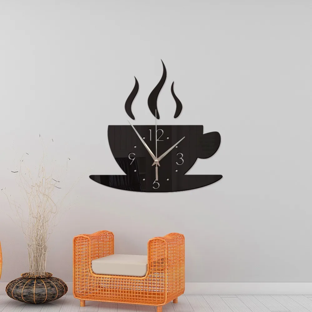 3D DIY зеркальные настенные часы домашний декор креативный современный дизайн акриловые настенные часы Кофейная чашка гостиная декоративное время для кофе