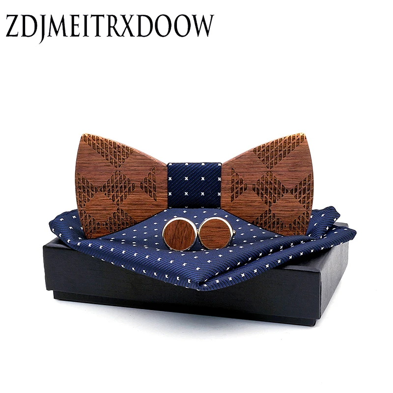 Деревянный галстук бабочка набор мужской и носовой платок запонки печать для