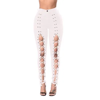 

KJ26 Spring Women Bandage Denim Pencil Jeans Mid Waist Cross Strap Pencil Pants Female High Elastic Trousers