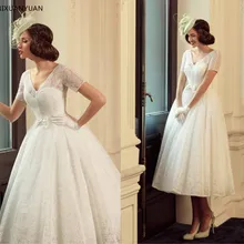 Винтажные кружевные свадебные платья с коротким рукавом и бантом, Романтические свадебные платья длиной до середины икры