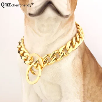 

Hot 13mm 12-34 inch Gold Tone Curb Cuban Dog chain Collar Lead Durable NK Link Choker Stainless Steel Pet Chain Necklace Collar