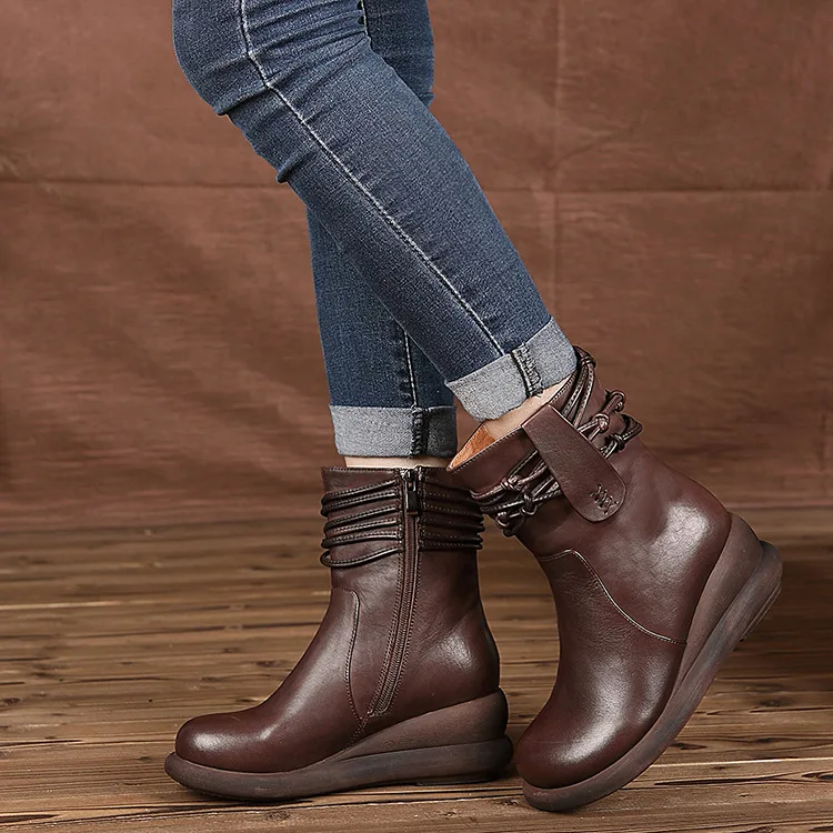 2016 Winter Retro Thick Bottom Genuine Leather Boots Leisure Side Zippers Round Toe Strap Wedge Heels Women Boots WR1198-3