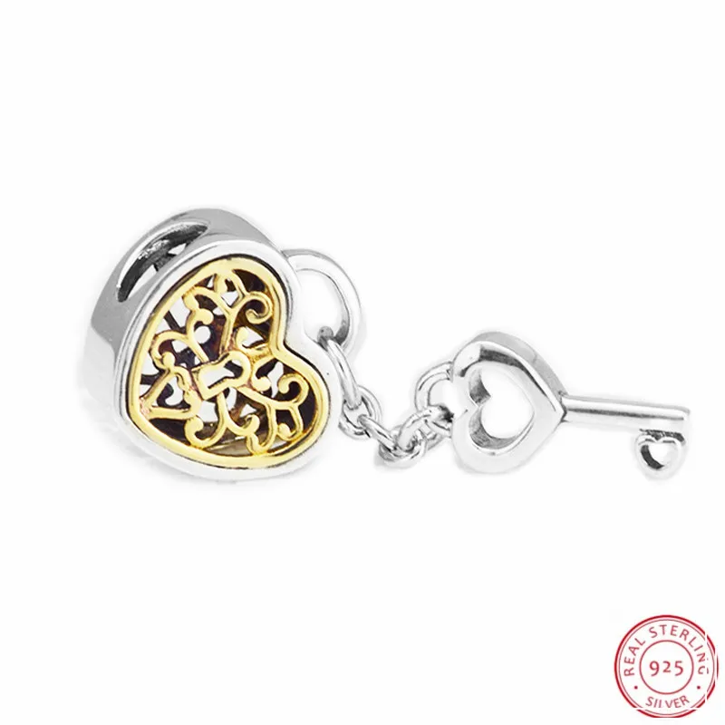 

925 Sterling Silver & 14K Gold Not Plated Lock of Love Charm Beads DIY Fit PANDORA Charms for Jewelry Making FL618K