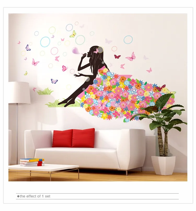 [Shijuekongjian] мультяшная девушка Наклейка на стену DIY пузыри цветок фотообои с бабочками наклейки для гостиной Детская комната украшение