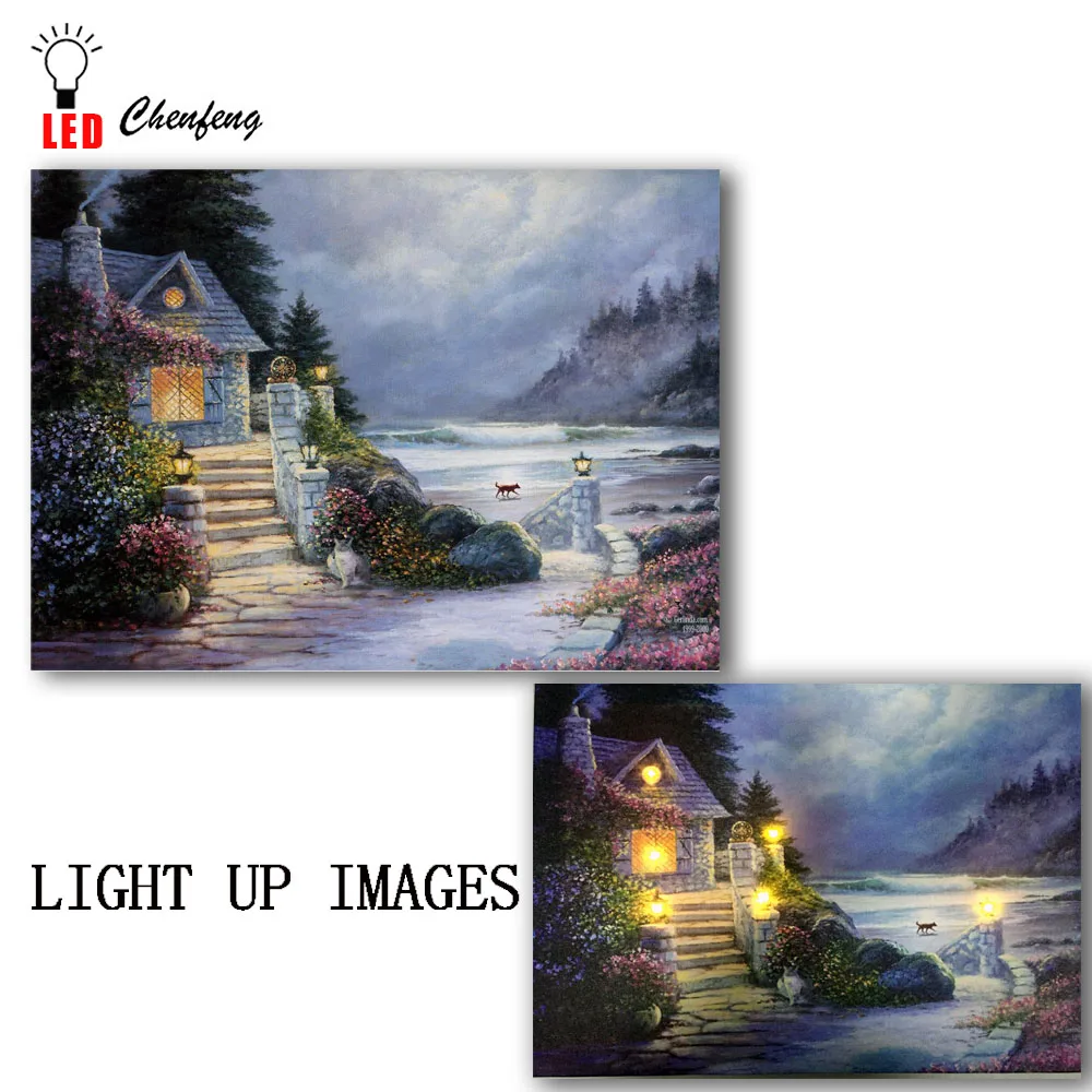 Led Canvas print artwork lighted up Wall art Fantasy Cottage night oil Painting new year christmas decorative kids gift | Дом и сад