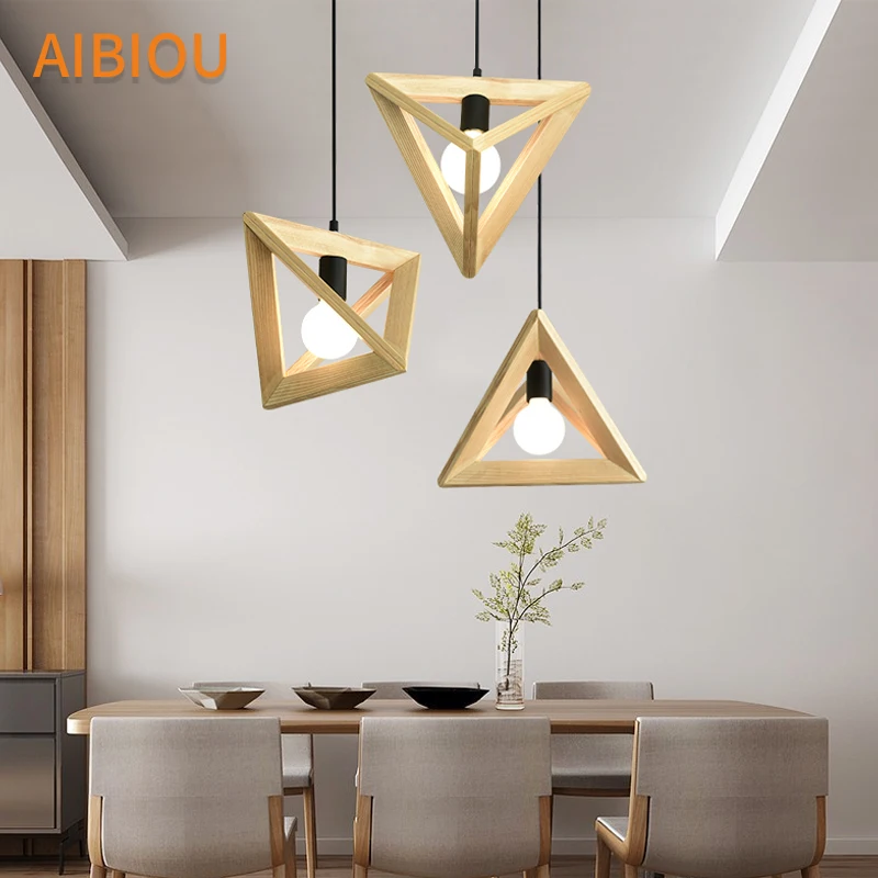 

AIBIOU Triangular Wood Pendant Lights For Dining Restaurant Wooden Pendant Lamp Led Hanging Luminaire E27 Indoor Lighting