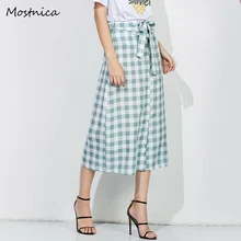 Mostnica Mint Ladies England Plaid Split Skirt Elegant High street Lace Up Straight Cotton Women Skirts Office Lady Front Button Mostnica Mint Ladies England Plaid Split Skirt Elegant High street Lace Up Straight Cotton Women Skirts Office Lady Front Button