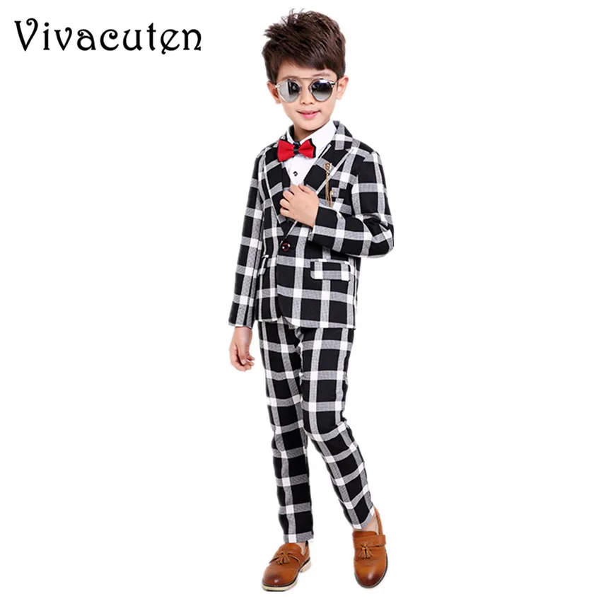 

Flower Boys Plaid Blazer Vest Shirt Pants 4pcs Formal Suits for Weddings Boys Tuxedo Kids Gentleman Party Clothing Sets F020