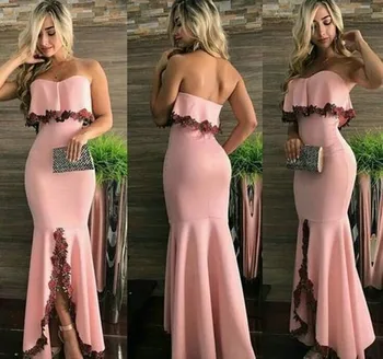 

High Low Mermaid Prom Dress Strapless vestido de festa Formal Dress Prom Party Gown robe de soiree Lace Satin Abendkleider