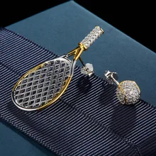 Estilo punky 925 Raqueta de Tenis de Plata Esterlina Pendientes Completo Cz Circón Aretes de Bola para Las Señoras CZ Asimetría Pendientes