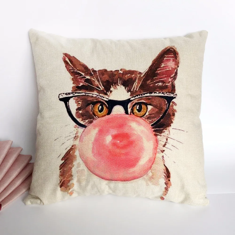 

Yellow Pink Cat Cushion Pillow Case Cover Decorative Pillows Decorative Covers Linen Cotton For Sofa Animal 45x45 Bohemian throw