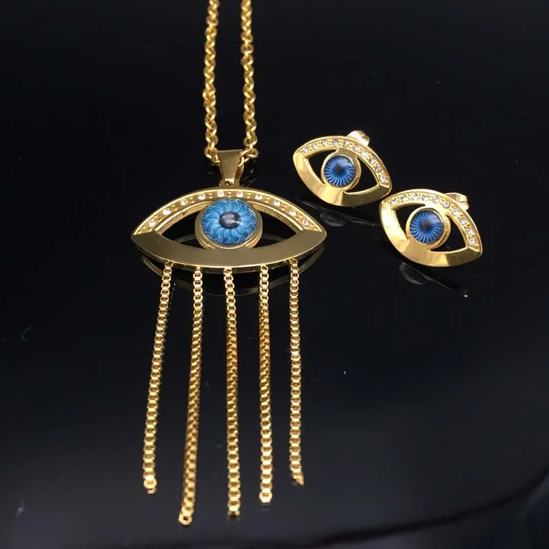 Stainless Steel Jewelry Sets Crystal Lucky Blue Evil Eyes Pendant