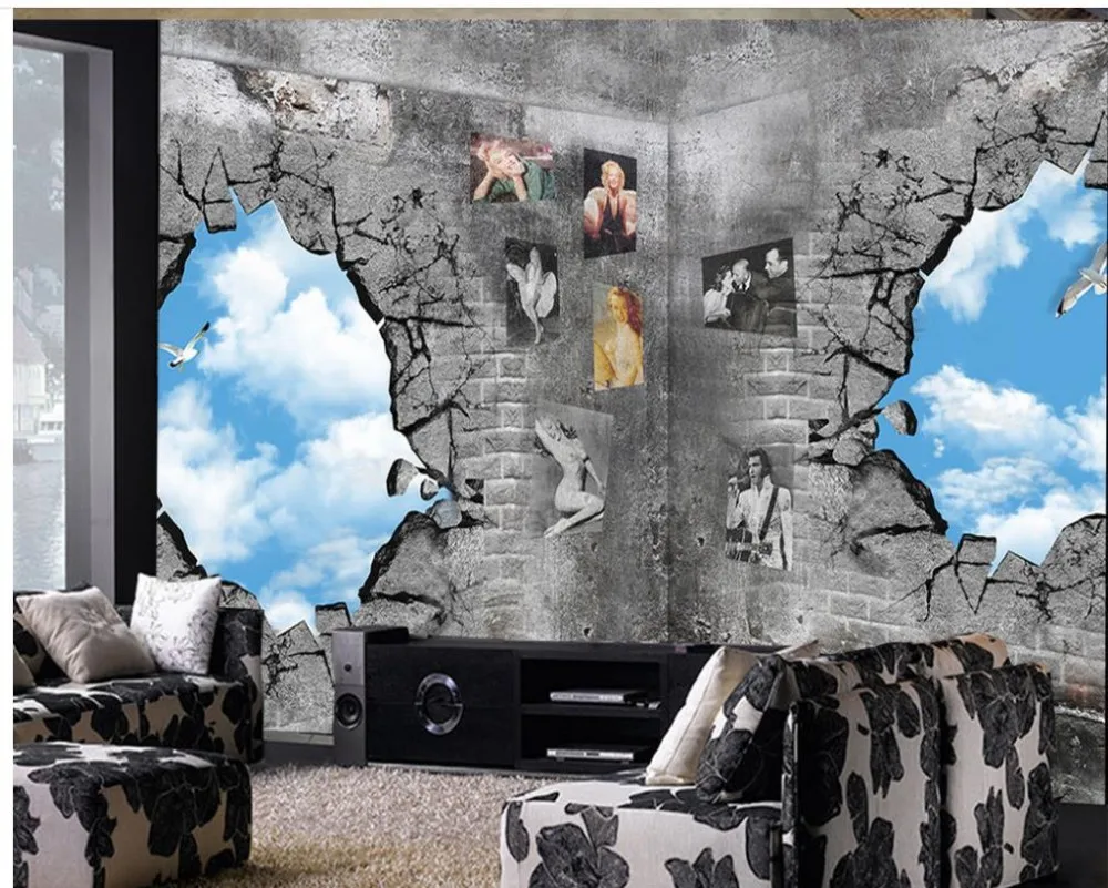 3D стереоскопический Творческий обои небо сломанный кирпичная стена фото обои для стен украшения дома