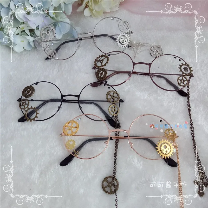 

Women Lolita Steampunk Glasses Retro Gear Chain Round Glasses Eyewear Retro Harajuku Decoration Eyewear Punk Gothic Cosplay Prop