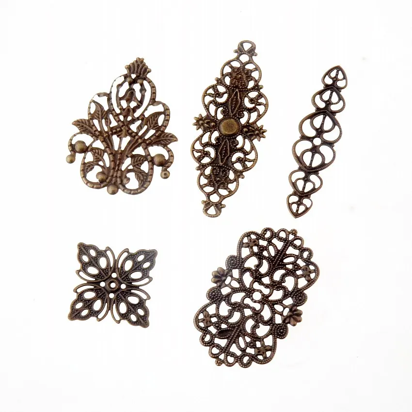 50Pcs Mixed Bronze Tone Filigree Wraps Connectors Metal Crafts Gift Decoration DIY 25x25mm-61x24mm J3544