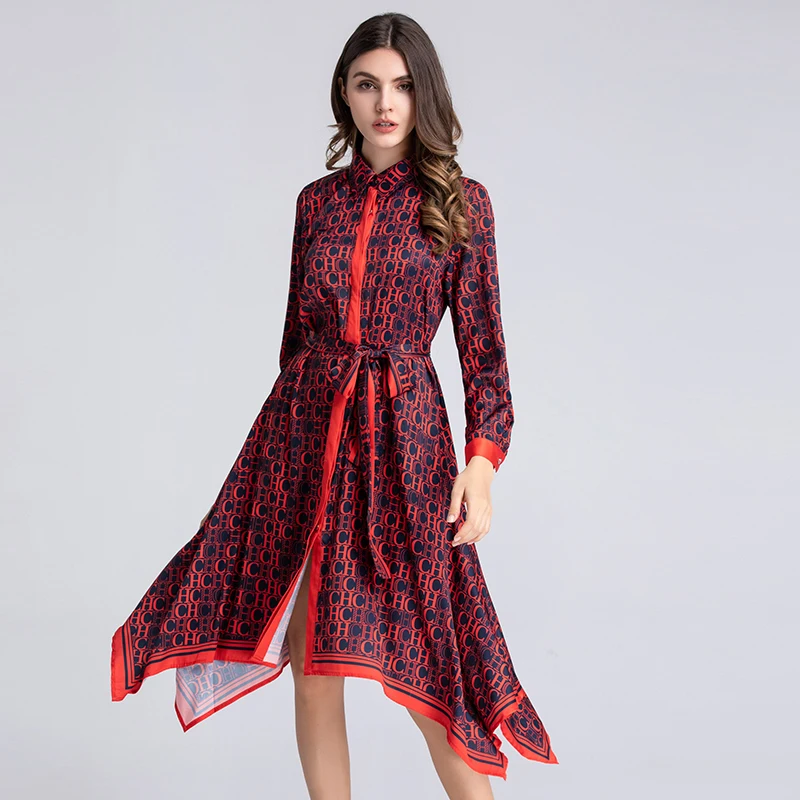 

VERDEJULIAY Luxury Letters Printed Dresses 2019 Summer Runway Long Sleeve dress Turn down collar Irregular Shirt Dress Women XXL