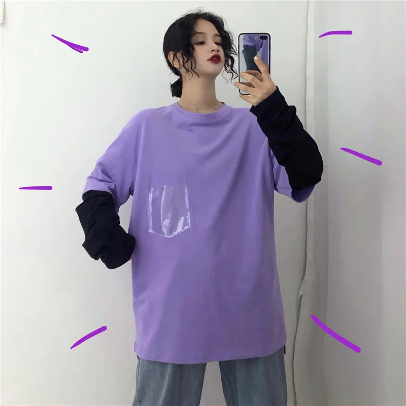 

Harajuku Summer T-Shirt Women Transparent Pocket Long Sleeve Fake Two Piece Purple Tshirts Streetwear Casual Pullover Tees Femme