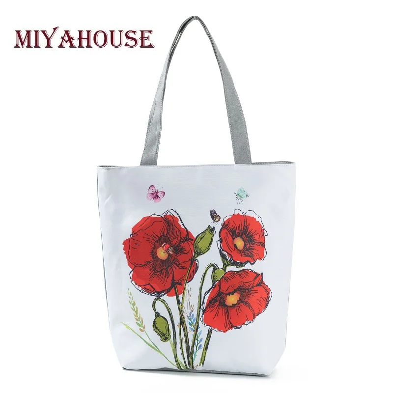  Women Canvas Tote Vintage Flowers Print Beach Bags For Female Grape Design Shopping Handbags Girls  - 32845984809