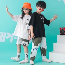 Одежда в стиле хип-хоп для девочек и мальчиков, одежда для бальных танцев, футболка для бега большого размера, повседневные штаны для детей, камуфляжный танцевальный костюм