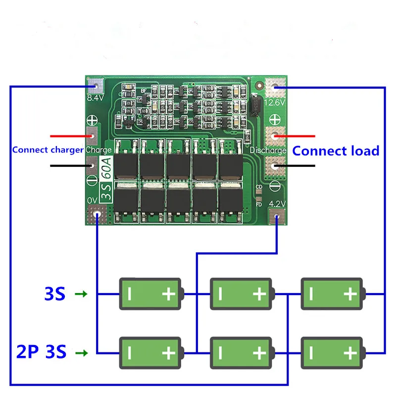 3S 60A литий-ионная батарея зарядное устройство Защитная плата PCB BMS для электродвигателя 12,6 в 13,6 В Lipo ячеечный модуль