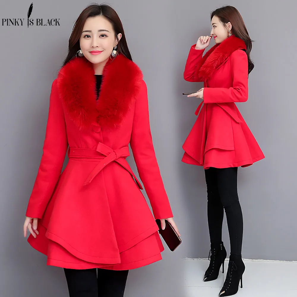 

PinkyIsblack New 2019 Autumn Winter Wool Coat Women Long Elegant Wool Blend Coats Female Sweet Preppy Large Fur Coat Outwear