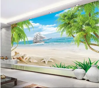 

3d room wallpaper custom mural non-woven wall sticker Love seashells coconut palm beach sailing photo 3d wall murals wallpaper
