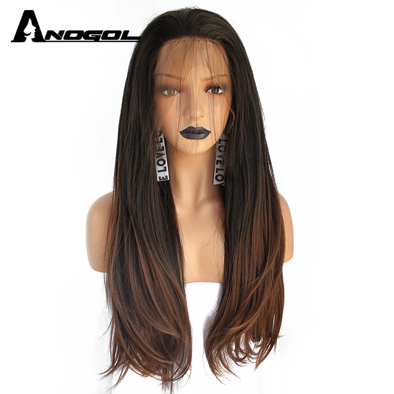 Anogol Free Part High Temperature Long Natural Wave Dark Roots Ombre Brown Synthetic Lace Front Wig For Women With Baby Hair | Шиньоны и