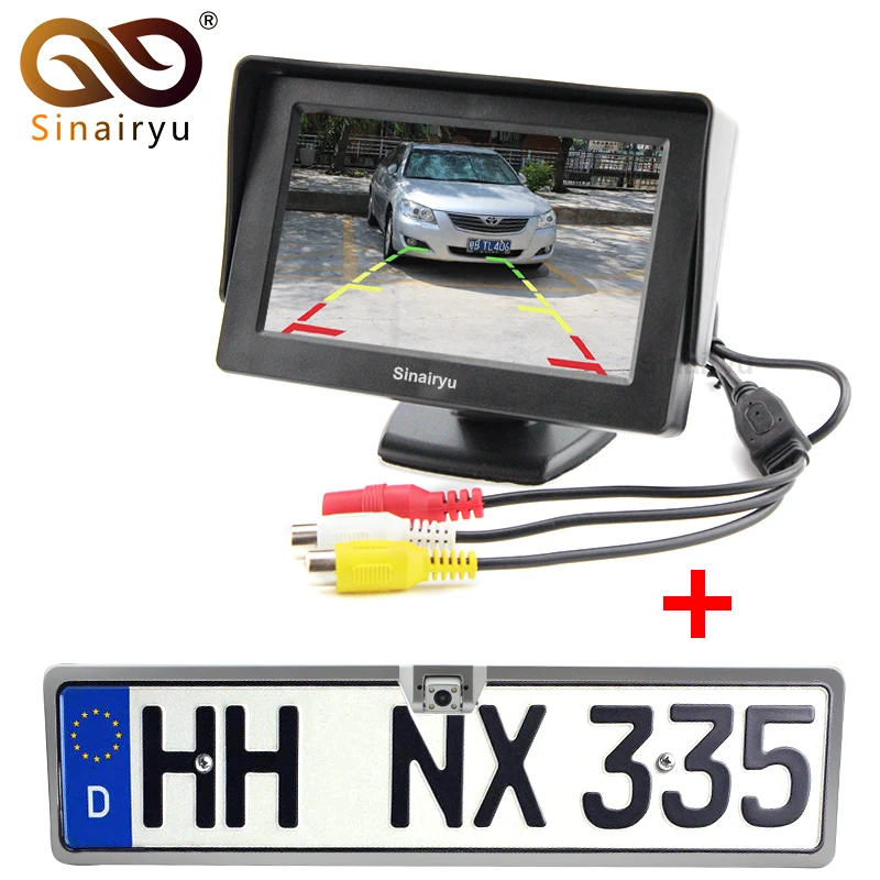 

Sinairyu 4 LED Night Vision Vidicon European Russia License Plate Frame Reverse Rearview Camera + 4.3" TFT Car Parking Monitor