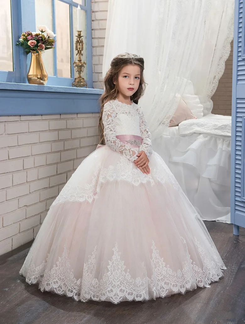 

Pageant Gown for Girls Long Sleeves First Communion Dress with Bow Sashes Birthday Flower Girl Dresses