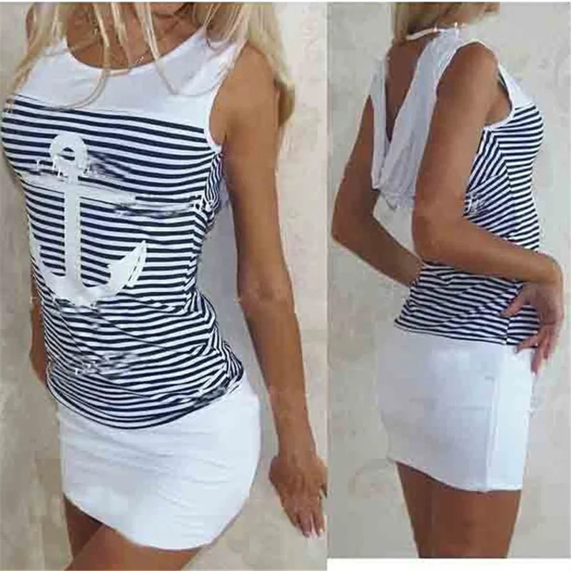 

2016 New Sexy Women Summer Anchor Shape Slim Sleeveless Stripe Package Hip Dress Evening Club Wear Mini Dress For Women