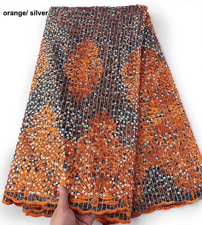 Orange Silver Красные серебряные ослепительные богатые кружева супер блестящие африканские французские кружева нигерийские одежды ткани с полностью в блестках 5 ярдов мягкие - Цвет: Orange Silver