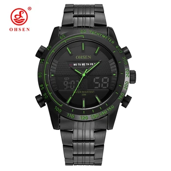 

Top sale OHSEN Military Black Green Digital Quartz LED Men Wristwatch relogio masculino Full steel band Fashion Casual Watch