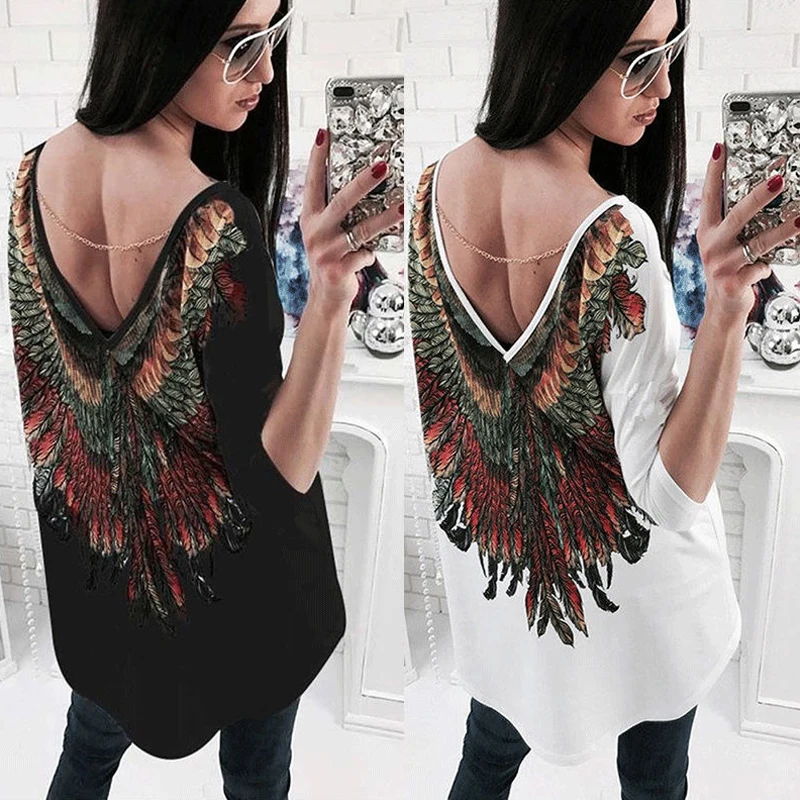 2018 Women Feather Print T shirt Harajuku Sexy Backless Deep V Wings Long Sleeve Loose Tees Top Casual White Black T-shirt Blusa