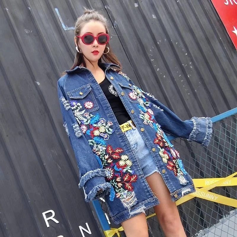 

Fashion Embroidery Denim Jacket Women Basic Coat Large size Holes Long Jeans Jacket Spring Autumn Vintage Windbreaker Outerwear