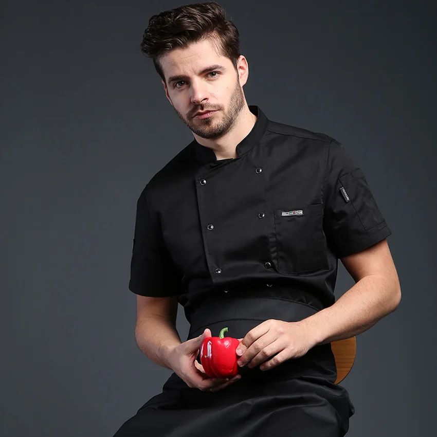 

Men Chef Uniform Double Breasted Stand Collar Buttons Breathable Oil Proof Catering Restaurant Coffee Shop Waiter Shirt Clothing