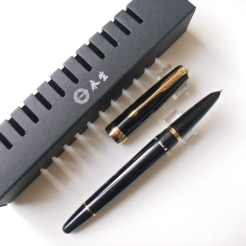 Wing Sung 618, Классическая перьевая ручка, поршневая, прозрачная, аутентичное качество, иридиевая, тонкая, 0,5 мм, выдающиеся чернила, ручка для письма, подарочный набор - Цвет: Black-Four Windows